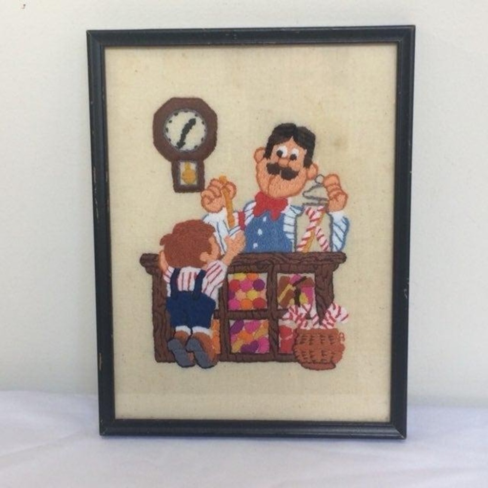 Vintage Handmade Crewel 'Sweet Treats' Needlework Wall Hanging Framed Kitchy